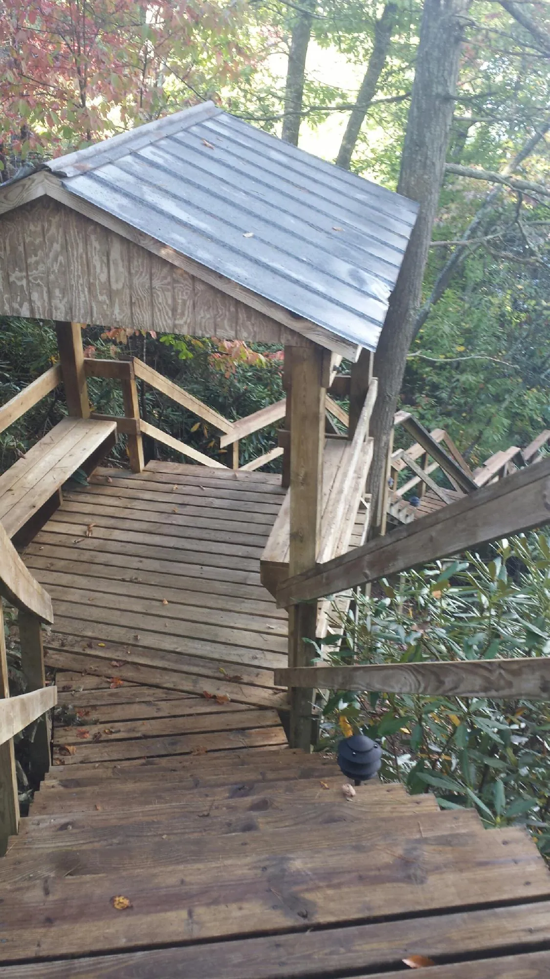 Metal roofed shelter over wooden steps on a wooded walkway — Skylight Repair & Installation work by our crew in Four Oaks